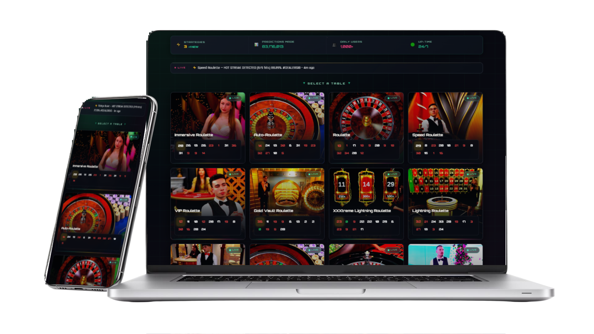 Painel do Roulette Mythus exibido em notebook e celular